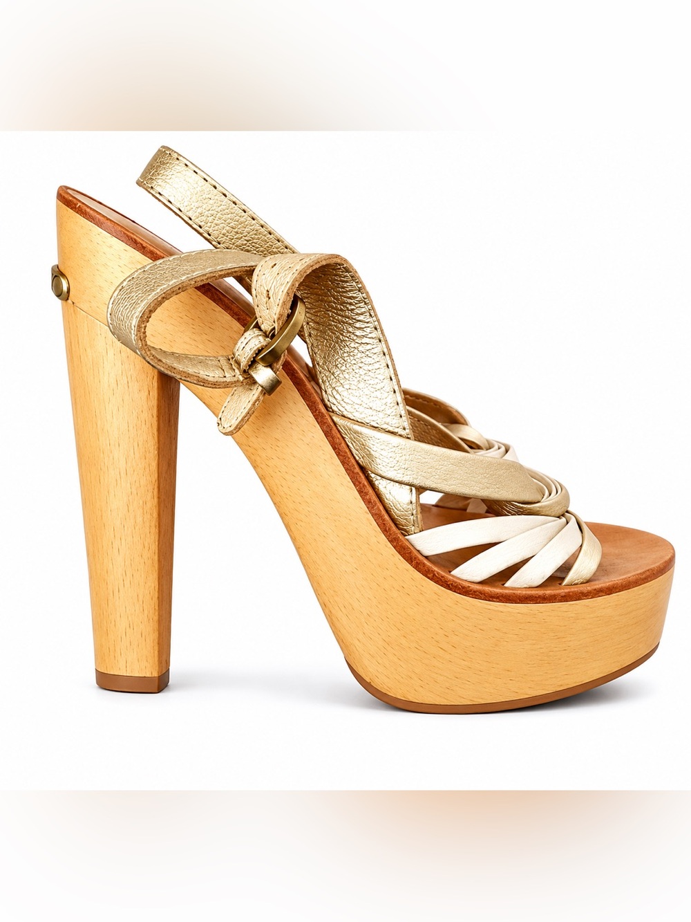 Michael Kors Gold Leather Platform Sandals with Wooden Block Heel